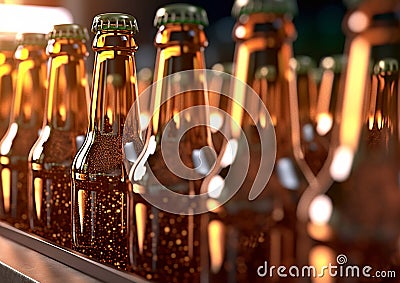 Modern production line on beer factory conveyor with brown glass bottles.Macro.AI Generative Stock Photo