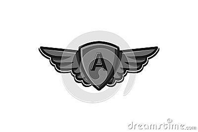 Modern professional wings and shield initial A. Vector Illustration