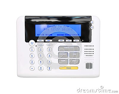 Modern programmable alarm system, ready to arm isolated on white Stock Photo
