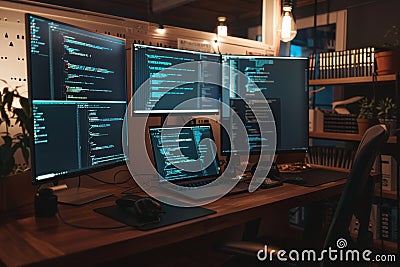 Modern programmer workspace with multiple monitors displaying code, surrounded by technology and plants in a cozy setup Stock Photo
