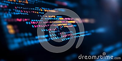 Modern Programming Technology Vibrant Neon Computer Code Illuminates a Dark Background. Stock Photo