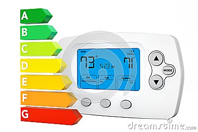 Modern Programming Thermostat near Energy Efficiency Rating Char Stock Photo