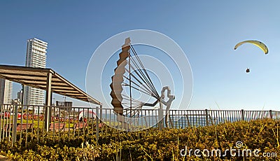 Modern promenade with paraglider sculpture, Netanya, Israel. Editorial Stock Photo