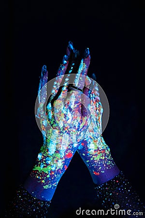 Modern psychedelic creative element with human palm for posters, banners, wallpapers. Two hands in pop art collage style Stock Photo