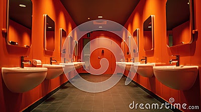 Modern public bathroom with row of white ceramic wash sink basins and faucet with mirror in the restroom, AI generated Stock Photo