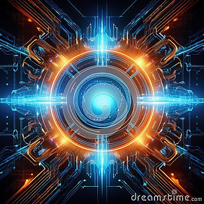 Modern A pulsating energy core surrounded by transparent circuits, symbolizing peak power and technological Stock Photo