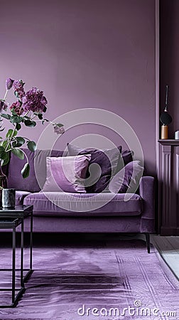 A modern purple living room with lush textures and a peaceful, homely vibe. Stock Photo