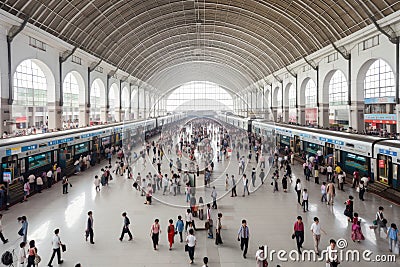 modern railway station, with passengers and officials in hustle and bustle Stock Photo