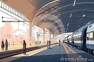 modern railway station with sleek and streamlined trains, passengers waiting for their ride Stock Photo