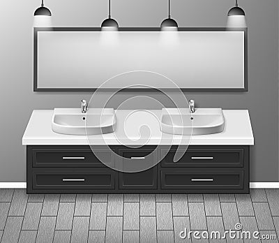 Modern realistic bathroom interior design. Bathroom furniture with bathroom sink and mirror grey wall with wooden floor Vector Illustration
