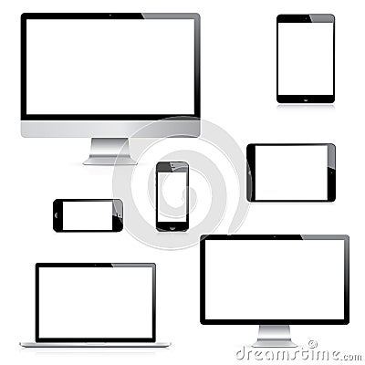 Modern realistic computer, laptop, tablet and smartphone vectors set Vector Illustration