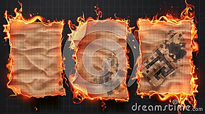 Modern realistic illustration of smoldering notebook pages with checked patterns and flames. Smoldering notebook pages Cartoon Illustration