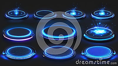 Modern realistic set of futuristic podiums, teleport platforms with glow and sparkle isolated on black background, with Stock Photo