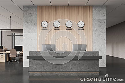 Modern reception area with clocks displaying different time zones. 3D Rendering Stock Photo