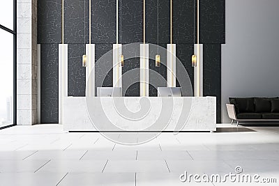 Modern reception area with a long counter and two computers. 3D Rendering Stock Photo