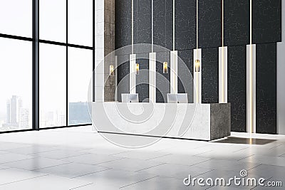 Modern reception desk in an empty office lobby with large windows. 3D Rendering Stock Photo