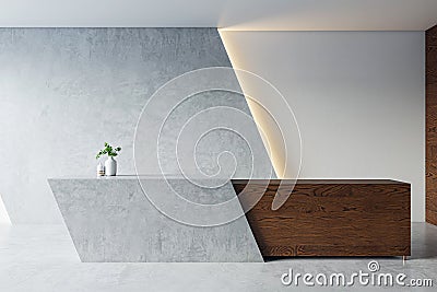 Modern reception desk in a minimalist office interior with concrete texture and ambient lighting, concept of corporate space. 3D Stock Photo