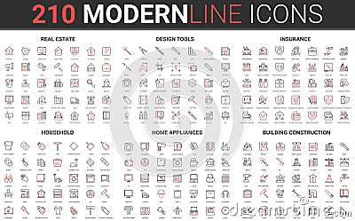 210 modern red black thin line icons set of household, home appliances, building construction, real estate, design tools Vector Illustration