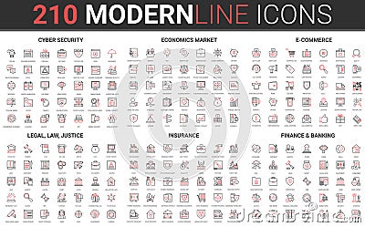 180 modern red black thin line icons set of legal, law and justice, insurance, banking finance, cyber security Vector Illustration