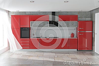 Modern Red Kitchen Furniture with Kitchenware Interior. 3d Rendering Stock Photo