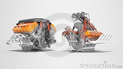 Modern red turbo engine and supercharger engine isolated 3D render on gray background with shadow Stock Photo