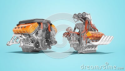 Modern red turbo engine and supercharger engine isolated 3D render on blue background with shadow Stock Photo