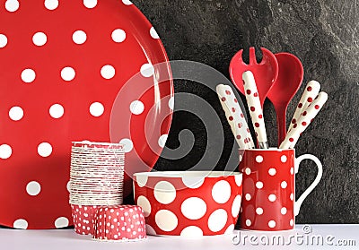 Modern Red and White Polka Dot Kitchen Stock Photo