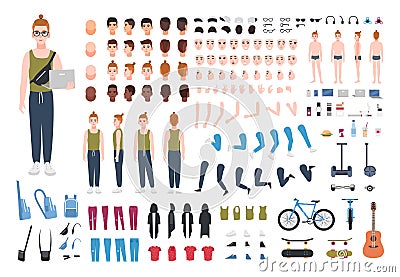 Modern redhead teenage boy constructor or DIY kit. Collection of teenager`s body parts, poses, facial expressions Vector Illustration