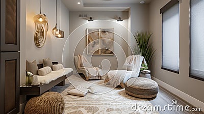 A modern relaxation room complete with a mage chair dimmable lighting and fuzzy blankets for a luxurious athome Stock Photo