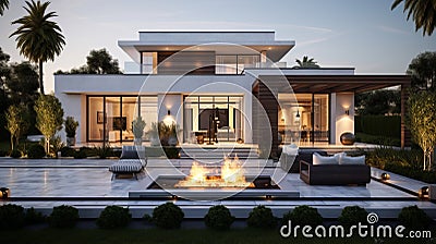 modern residential building with fire place and garden in the evening. Stock Photo