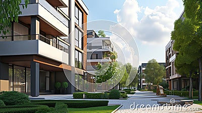 A modern residential building, provides a splendid view from the outside. Its contemporary design conveys a sense of Stock Photo