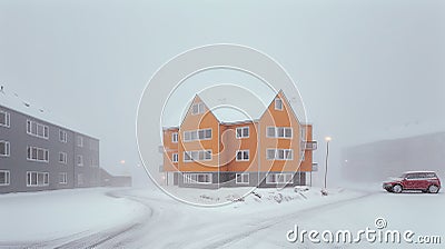 Modern residential buildings during heavy snowstorm. Red car driving on a snowy street. Generative AI Stock Photo