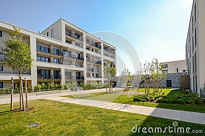 Modern residential buildings with outdoor facilities, Facade of new low-energy house Stock Photo