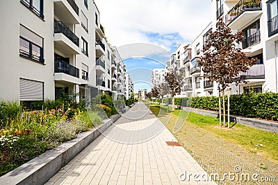 Modern residential buildings with outdoor facilities, Facade of new low-energy house Stock Photo