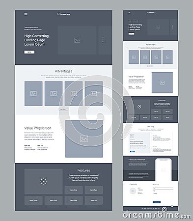 Modern responsive design. Ux ui website. Landing page wireframe design for business. One page website layout template Vector Illustration