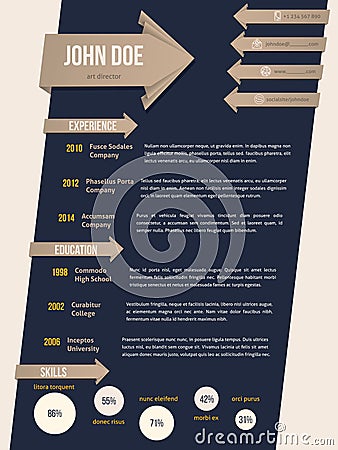 Modern resume cv template in dark blue with arrow ribbon Vector Illustration