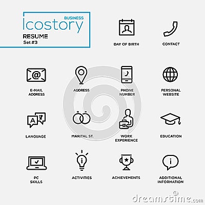 Modern resume simple thin line design icons, pictograms set Vector Illustration