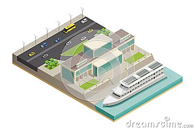 River Port Cruiser Isometric Composition Vector Illustration