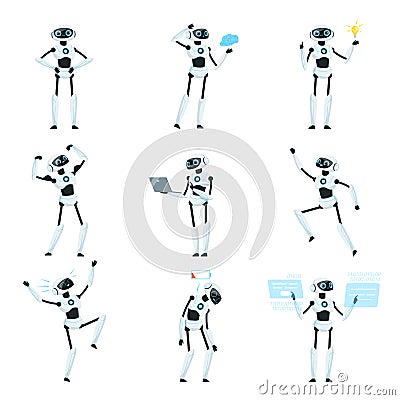 Modern Robot as Programmable Machine Carrying out Series of Actions Vector Set Vector Illustration