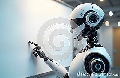Modern robot assists student in study. Futuristic tech aids learning. Robot points to interactive whiteboard. Advanced tech Stock Photo