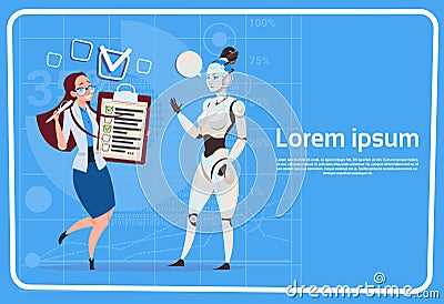 Modern Robot Communicating With Female Business Woman Futuristic Artificial Intelligence Technology Concept Vector Illustration