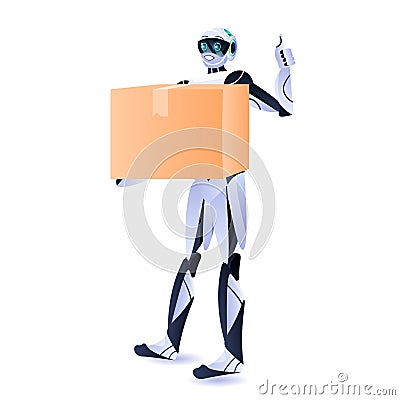 modern robot courier robotic deliver holding cardboard box delivery service artificial intelligence concept Vector Illustration