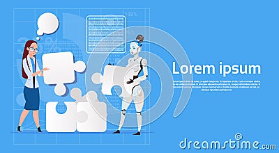 Modern Robot Coworking With Female Business Woman Making Puzzle Artificial Intelligence Technology Concept Vector Illustration