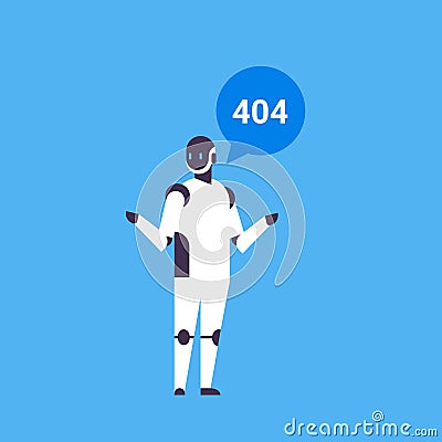 Modern robot error 404 message chat bubble bot helper concept artificial intelligence blue background flat full length Vector Illustration