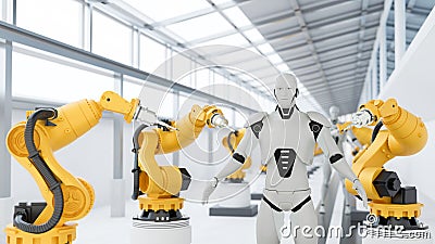 A modern robot factory, Robot arms are assembling a robot. Artificial intelligence robot building Cartoon Illustration