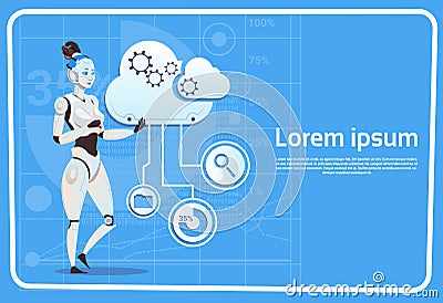 Modern Robot Female Cloud Computing Database Concept Futuristic Artificial Intelligence Technology Vector Illustration