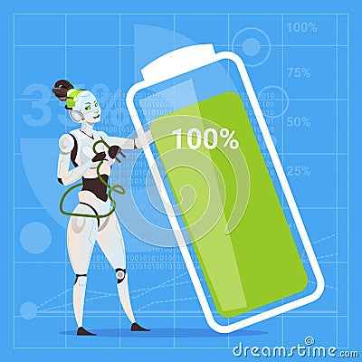 Modern Robot Female With Full Battery Charge Futuristic Artificial Intelligence Technology Concept Vector Illustration