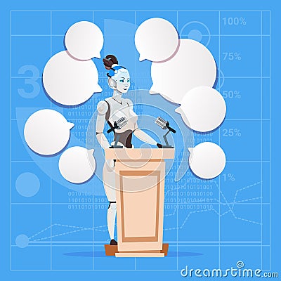 Modern Robot Female Speaker Giving Interview Stand At Podium Futuristic Artificial Intelligence Technology Concept Vector Illustration