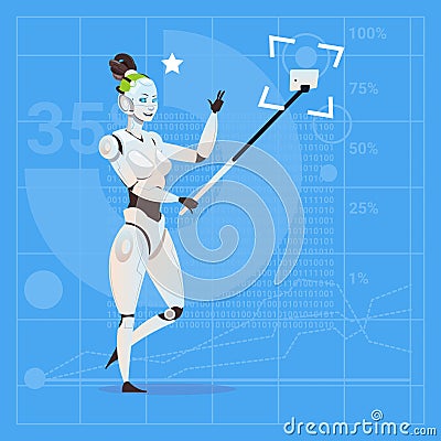 Modern Robot Female Taking Selfie Photo Futuristic Artificial Intelligence Technology Concept Vector Illustration