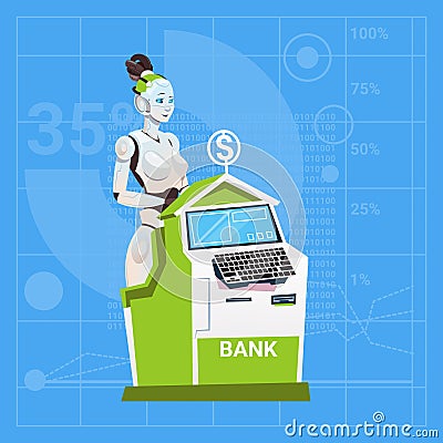 Modern Robot Female Working In Bank Banker Futuristic Artificial Intelligence Technology Concept Vector Illustration